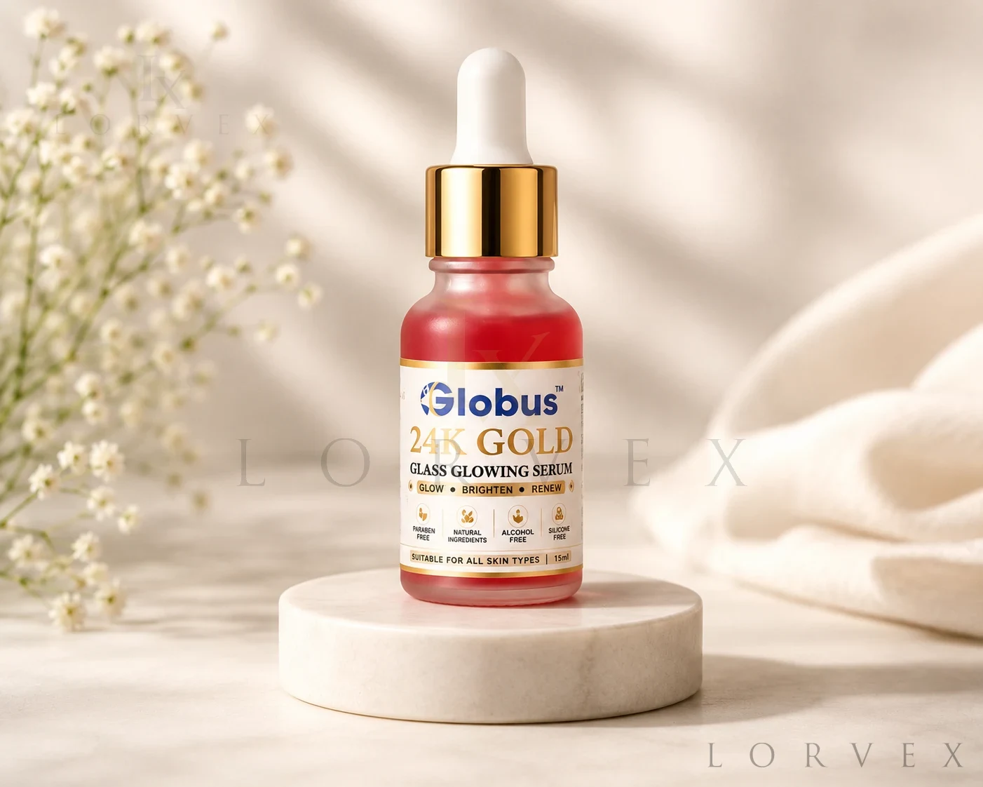 Lorvex 24K Gold Glass Glowing Serum – Premium Face Brightening & Hydrating Serum 15ml